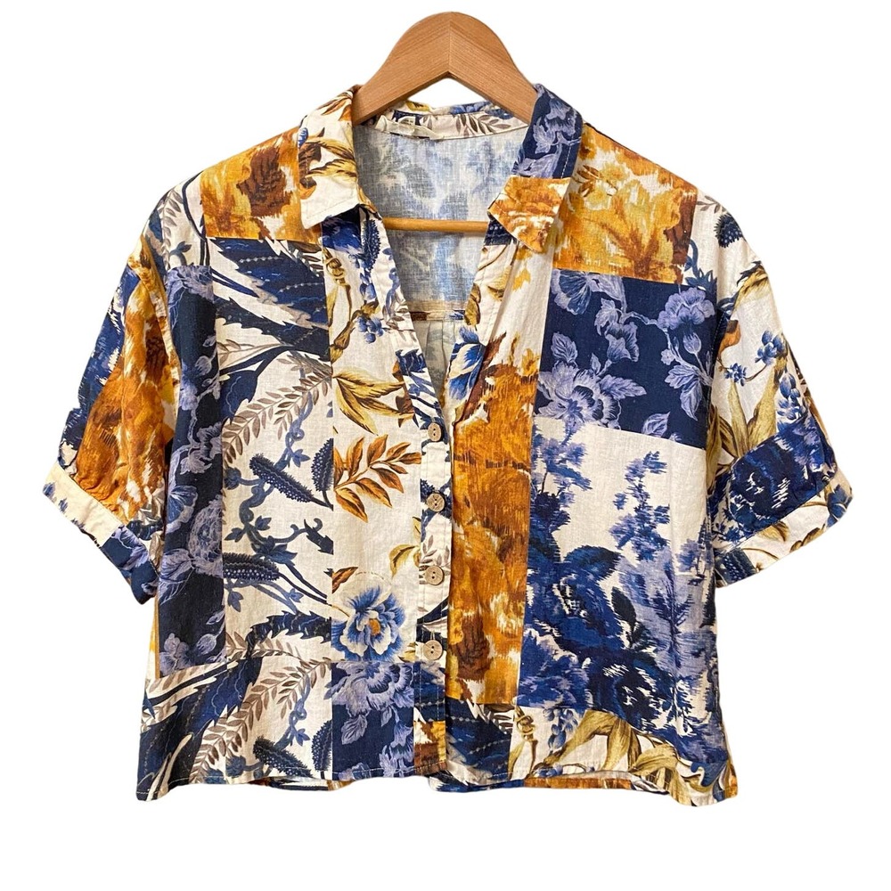 Christian Siriano Linen Tropical Hawaiian Patch Mixed Print Crop Top Womens sz S